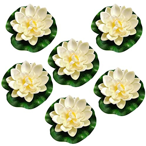 Lot de 6 nénuphars artificiels flottants - Plantes de bassin artificielles - Nénuphars artificiels - Décoration d'étang flottante pour aquarium, terrasse, jardin, étang
