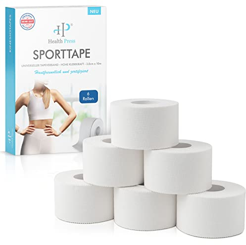 Health Press® Sporttape - 6 Tape Rollen (3,8cm x 10m) - Sporttape weiß - reißbares Profi Sport Tape - Sport Tapeverband für alle Sportarten