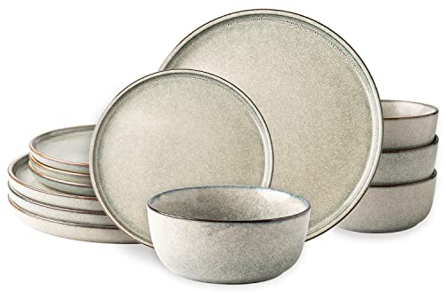 AmorArc Stoneware Dinnerware Sets for 4,Round Reactive Glaze Ceramic Plates and Bowls Set,Highly Chip and Crack Resistant | Dishwasher & Microwave Safe Dishes Set,Service for 4 (12pc)