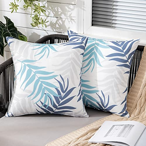 MIULEE Outdoor Kissenbezug Wasserdicht Kissen Wasserfest Dekorative Kissenbezüge Blattmuster Sofakissen Zierkissen Dekokissen für Garten Sofa Couch Wohnzimmer Schlafzimmer 2er Set 50x50 cm Grau Blau