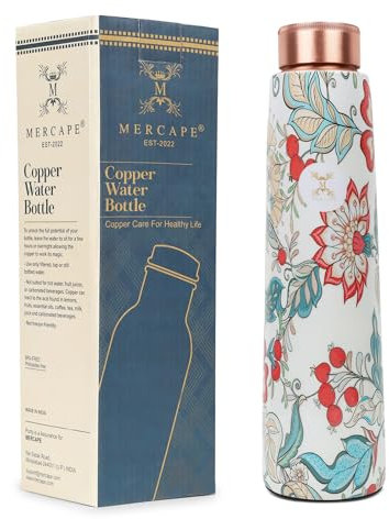 MERCAPE® - Handcrafted Copper Bottles for Water with Leak Proof Lid | 100% Pure Copper Bottle Healthy Living Wellness Fitness Yoga | BPA Free & Non Toxic | Flower Ayurvedic Copper Bottle