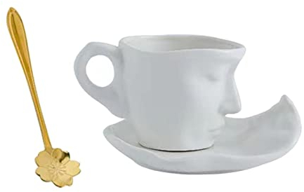 kowaku 3D Human Face Mug with Spoons and Human Face Coaster Milk Tea Mugs Ceramic Coffee Mug Table Arts for Latte Wedding Kitchen Creative Gift, White