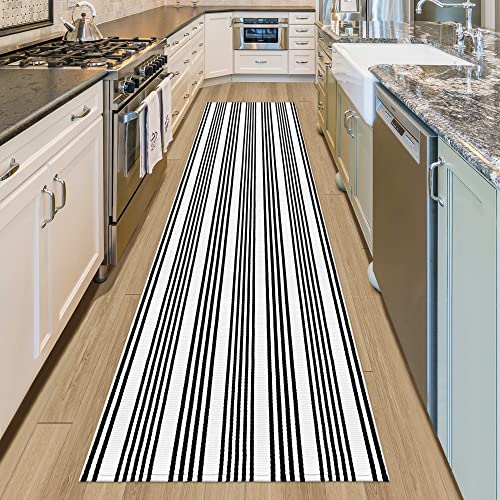 Aoczes Läufer, 90 x 3 m, schwarz-weiß gestreifter Teppich, Baumwolle, gewebt, Bauernhaus-Läufer, für drinnen und draußen, Teppich für Küche, Waschküche, Schlafzimmer, Wohnzimmer, Eingangsbereich