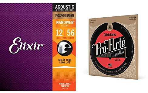 Elixir® 16077 Saiten Phosphor Bronze Akustik-Gitarrensaiten mit NANOWEB® Beschichtung, Light/Medium (.012-.056) & D'Addario Gitarrensaiten Konzertgitarre | EJ45 EJ44 Pro-Arte Nylonsaiten