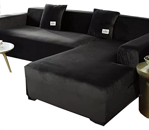 Superweicher Samt-Sofabezug in L-Form für Wohnzimmer, dehnbar und rutschfest, für U-förmige Sektionalcouch, Möbelschutz für Haustiere und Hunde
