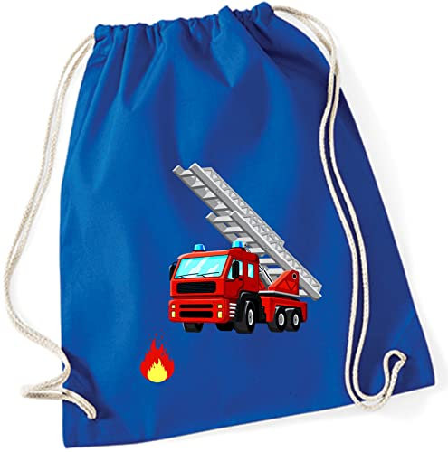 minimutz Zuzieh Turnbeutel für Kinder | Motiv Feuerwehr mit Leiter & Flamme | Schuhbeutel Sportbeutel zum Zuziehen für Jungen | Stoffbeutel mit Kordel (royalblau)