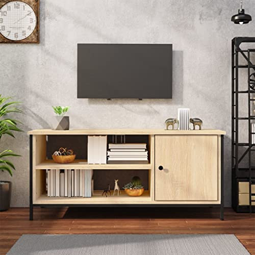 Higsose Meuble TV 100 x 40 x 45 cm en chêne Sonoma, matériau à base de bois, acier, meuble TV en bois, armoire de jardin, meuble TV au design industriel, meuble de salon, meuble TV, meuble Hi-Fi