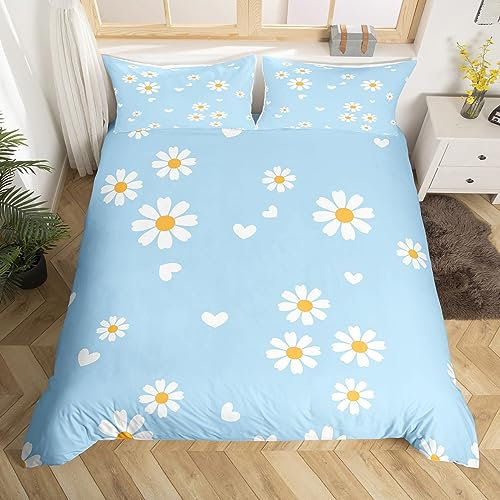 richhome White Daisy Kids Duvet Cover Set Single Size,Flowers Plants Botanical Rustic Farmhouse Bedding Set,Teens Adults Room Decor,Love Heart Romantic Comforter Cover,Blue Quilt Cover,1 Pillowcase