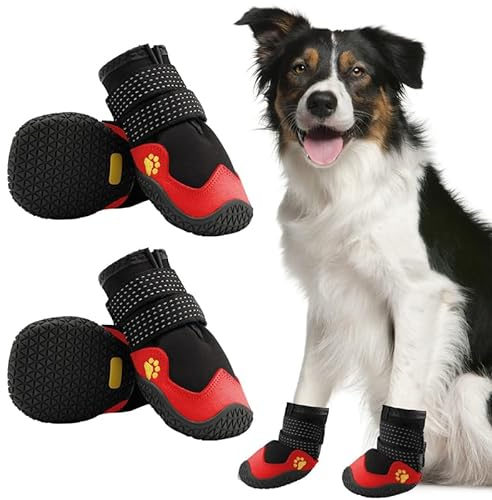 VOODUE hundestiefel Rugged Anti-Slip Dog Shoes Waterproof Reflective Pet Booties Outdoor Durable Puppy Boots for Small Medium Large Dogs (Color : Black red, Size : XL)