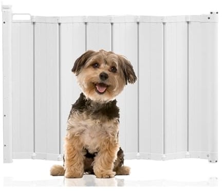 Bettacare Automatic Folding Retractable Dog Gate, 55cm - 89cm, White, Folding Stair Gate for Pets, Retractable Dog Safety Gate