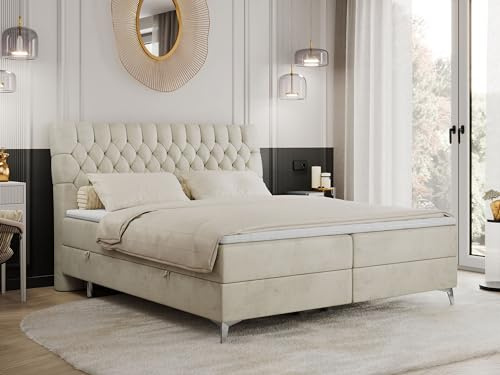 MKS MEBLE Boxspringbett Milen 160x200 cm mit Zwei Bettkästen, T30-Schaum, Doppelbett mit Beinen, Polsterbett mit Multipocket-Matratzen H3 und Topper T25 - Beige Velvet