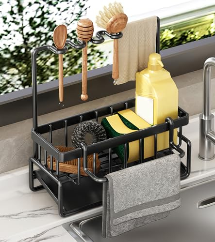 Kitchen Sponge Holder Counter Sink Organizer with Removable Drip Tray,Sink Caddy Organiser,Scrub Soap Brush Dishrag Dishcloth Holder,Kitchen Utensils Holder for Dish Rag,Rack with Drain Pan Tray-Black