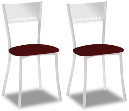 2 Sillas metálicas con respaldo de escalera y asiento tapizado - Estructura color blanca - Asiento en Polipiel burdeos