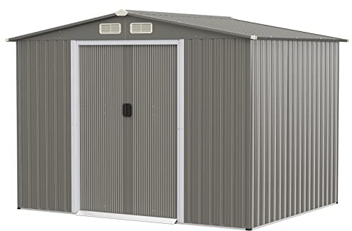 COSTWAY Casetta da Giardino 260 x 207 x 181 cm, Capanni da Esterno con 4 Feritoie, Doppie Porte e Rampa, Capannone Porta Attrezzi in Acciaio Zincato per Giardino e Cortile (Grigio chiaro)