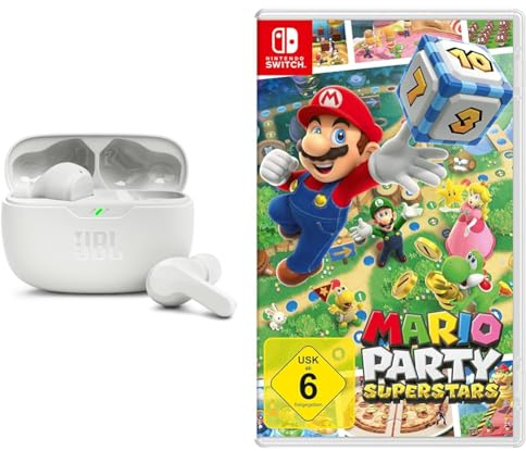 JBL Wave Beam – Kabellose In-Ear Ohrhörer mit IP54 und IPX2 Wasserdichtigkeit – Freisprechfunktion und 32 Stunden Akkulaufzeit – In Weiß & Nintendo Switch Mario Party Superstars