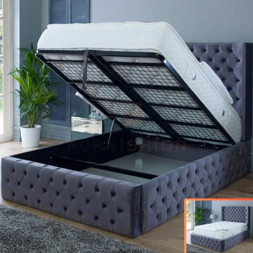 Furnishion Small Double Bed with Storage - Steel/Dark Grey Plush Velvet Small Double Ottoman Bed - Mattress not Included - Upholstered Wingback Bed