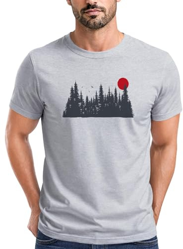 Neverless® Herren T-Shirt Motivshirt Frontprint Wald Silhouette Natur Aufdruck Outdoor Fashion Streetstyle Grau 3XL