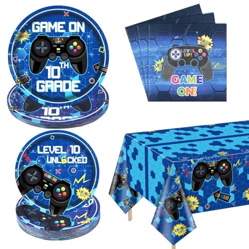 Lot de 61 fournitures de fête de jeu vidéo pour 10e anniversaire - Assiettes en carton - Serviettes en papier - Nappe de jeu vidéo - Cadeaux de fête pour garçon - 10e anniversaire - Pour 20
