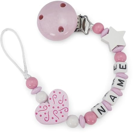 kleinerStorch Nuckelhalter personalisiert mit Namen für Mädchen | Baby Geschenk zur Geburt & Taufe | Ornament Herz in rosa