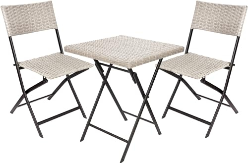 BRUBAKER Balkonset Lugano mit Tisch und 2 Stühlen - Wetterfest klappbar und platzsparend - Polyrattan Balkonmöbel Set - Sitzgruppe für Balkon Terrasse - Bistroset mit Klappstühlen - Grau/Beige