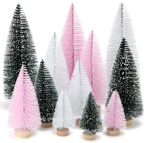 Meooeck 12 Pcs Mini Christmas Trees 4 Sizes 4/6/8/10 Inch Bottle Brush Christmas Trees Artificial Christmas Tree with Wood Base Winter Snow Fake Pine Tree Decor for Home (Green, Pink, White)