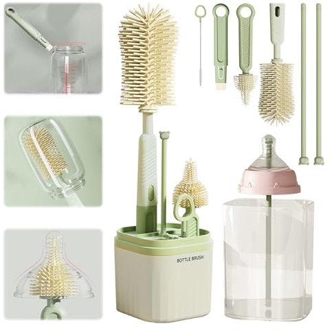 Baby Bottle Brush Cleaner Set - 360° Rotating Long Handle 6 in 1 Travel Silicone Cleaning Brush With Nipple Brush, Cup Lid Straw Cleaner, Drainage Rack and Storage Box