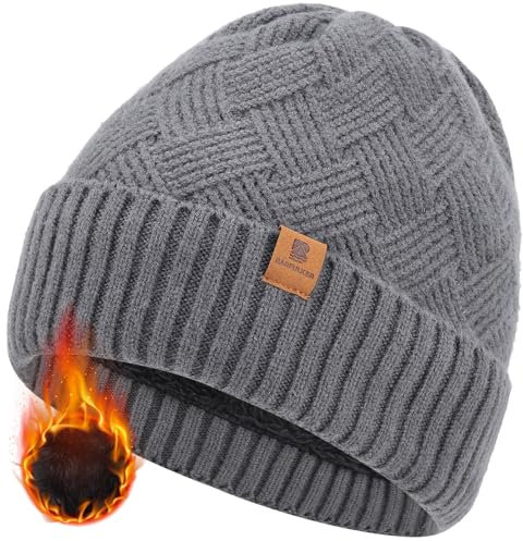 BARFULKER Mütze Herren Damen Winter Beanie Mütze Warme Gefüttert Wintermütze Thermo Dehnbare Strickmützen Bequem Wollmütze Winddichte Laufmützen Cuffed Hats für Frauen Männer Unisex,Grau