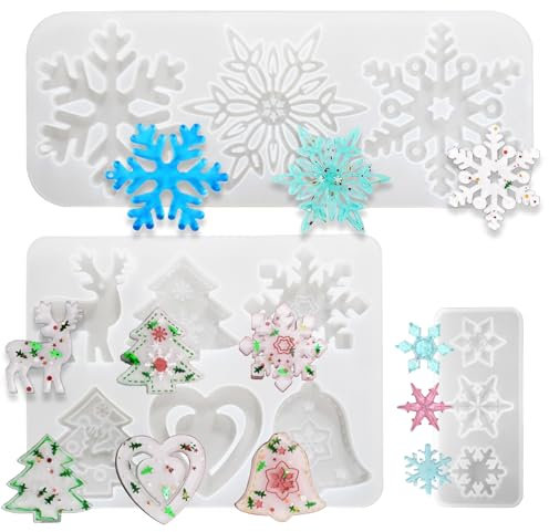 PXBSNB 3 Stück Schneeflocken Silikonform Weihnachten, DIY Epoxidharz Formen Weihnachten, Verschiedenen Größen Gießformen Silikon, Resin Giessformen Silikon für Anhänger Seife Torten Gelee