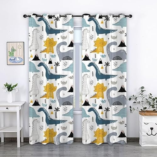 ZZTBQ Dino Gardinen Blickdichte Vorhänge Cartoon Dinosaurier Gardinen Vorhang Thermovorhang mit Ösen für Schlafzimmer Wohnzimmer Verdunklungsvorhang, 70x160 cm (BxH), 2er Set