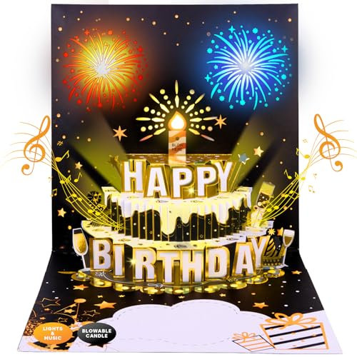 BEAN LIEVE Biglietti di compleanno pop-up 3D aggiornati, fuochi d'artificio, musica e luce, biglietti di buon compleanno fai da te, regalo con busta e nota per donne, uomini, bambini, mamma, papà