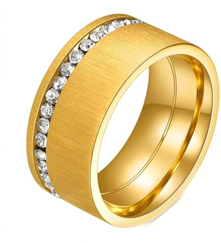 AMDXD 10MM Ehering Vintage, Matte Breit Damenring, Damen Edelstahl Ringe Männer mit Zirkonia, Gold, Gr.57 (18.1)