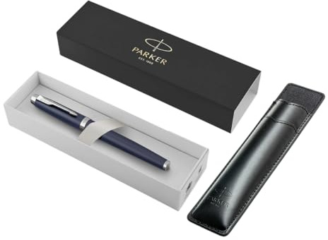 Parker IM Füllfederhalter, mattblau, mittlere Feder mit blauer Tinte, Geschenk-Box, schwarzes Etui mit geprägtem Logo, das perfekte elegante Geschenk