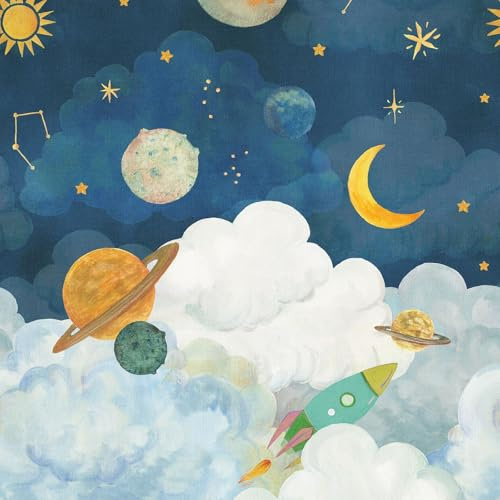 Grandeco Little Dreamers Solar System 3 Drop Mural for Kids Bedroom Nureseries Hand Painted Style Navy LD6101