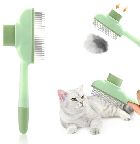Fellblitz Bürste Katze, Katzenbürste mit Entriegelungsknopf | Selbstreinigende Tierhaarpflegebürste & Flohkamm für Katzen und Hunde, Lang- Kurzhaarpflege, Entfernt Unterwolle & Lose Haare