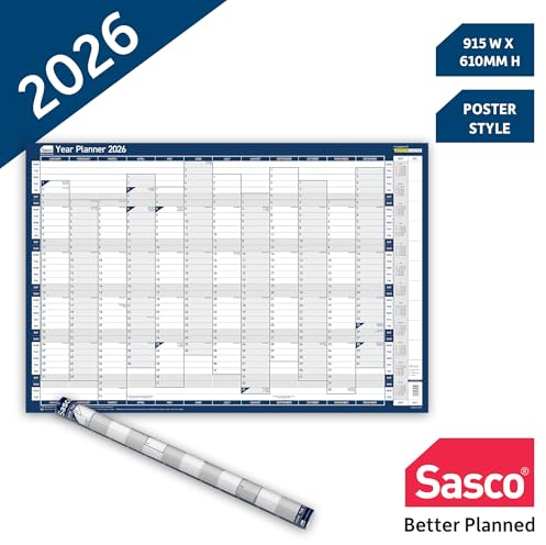 Sasco 2026 Vertical Wall Planner – Poster Style Year Calendar with Wet Wipe Pen & Stickers, 91.5x61cm, Blue – 2026 Wall Calendar UK & ROI Holidays Marked – Useful for Office or Classroom Planning