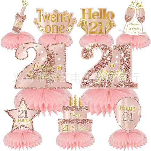 21st Birthday Table Decorations 9 PCS Rose Gold Happy 21st Birthday Decorations Paper Table Honeycomb Centerpieces Rose Gold 21st Party Supplies