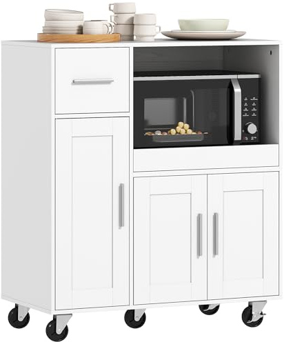 HOMCOM Mobile Microonde con 5 Ruote, Credenza Cucina con Piano Estraibile, Foro Passacavi, Cassetto, Armadietti a 3 Ante, Ripiano Regolabile, Carrello Cucina per Soggiorno, 80x40x88.7 cm, Bianco