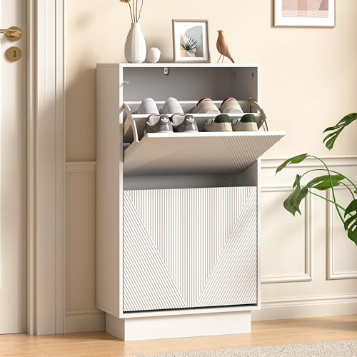 UEV Slim Shoe Cabinet with 2 Flip Drawers, Carved Line Fronts, Narrow Storage Unit with Anti-Tip Design for Hallway, Living Room or Entryway, White