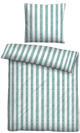 biberna Seersucker Bettwäsche 155x220 cm, 2-teilig mit Kissenbezug 80x80 cm, 100% Baumwolle, kühlend, bügelfrei & atmungsaktiv, Reißverschluss, Sommerbettwäsche, Streifen, grün, Modell 0022644