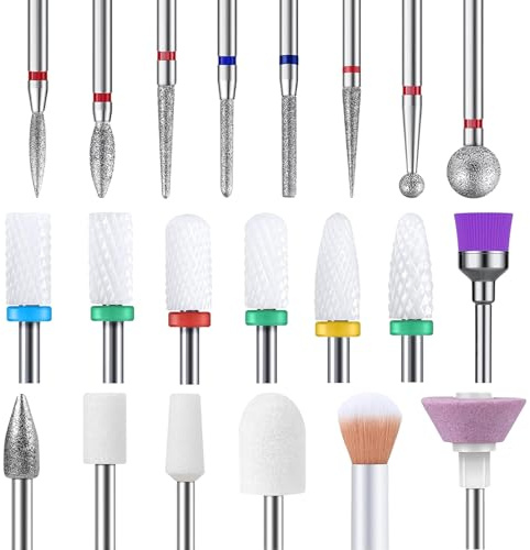 Flintronic 21pcs Nail Drill Bit Set, Professional Efile Nail Bits, 3/32 inch Professional Ceramic Diamond Safety Bits with Brush for Filing Acrylic Nails Gel Nails Down Removing Cuticle Tools