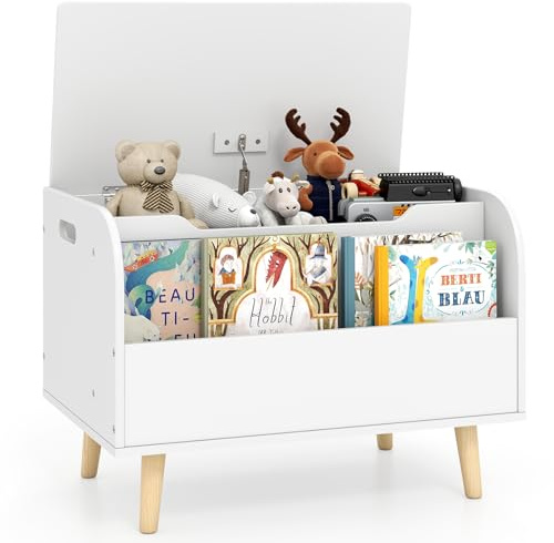 COSTWAY Spielzeugtruhe mit Deckel, 2 in 1 Spielzeugkiste aus Holz mit Bücherregal, Sitztruhe mit Stauraum, Spielzeug Aufbewahrung montessori für Kinderzimmer, Spielzimmer, 60 x 40 x 43 cm (Weiß)
