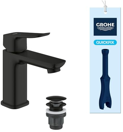 GROHE Dice, energiesparende Waschtischarmatur 3,5l/min, Kaltwasser in Mittelstellung (Wasserhahn für das Bad, 15cm hoch, Push-Open Ablauf, 3in1 Tool, einfache Installation), mattschwarz, 1018602430