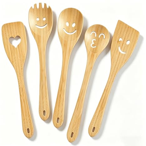 Smiley Face Wooden Spoons Set, 5-Piece Organic Bamboo Cooking Utensils | Cute Kitchen Gadgets with Smooth Splinter-Free Finish, Heat Resistant Funny Spatula for Daily Cooking & Gifting