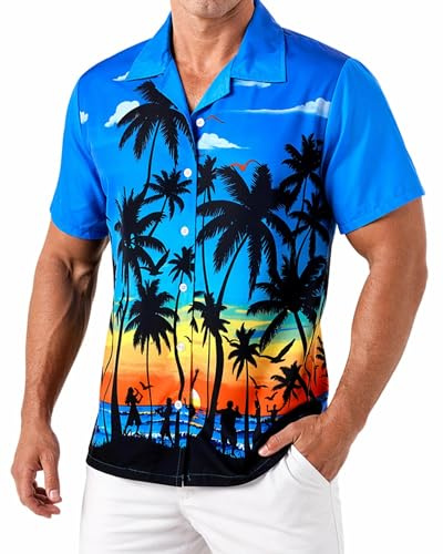Amycute Men's Hawaiian Shirt Short Sleeve Button Down, Palm Tree Sunset Print Tropical Beach Shirt for Stag Do Festival Pub Holiday