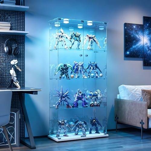 HOOGDLJ Vitrinskap av glas med LED-belysning, fristående glasvitrin, glasbyrå med 2 dörrar, 4 hyllor, samlarvitrin med lås för böcker, kontor, vardagsrum