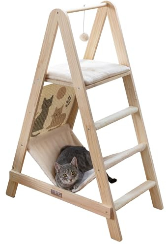 Kerbl Pet Kletterturm Ladder, Katzenkratzbaum, Massivholz, weicher Plüsch, beige, Höhe 104 cm, Zwei Liegeflächen, mit Hängematte, Sisalkratzfläche, Hängespielball, Wandbefestigung