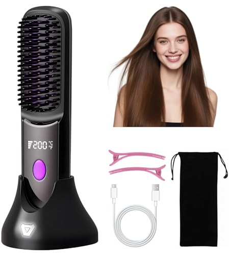 Unipampa Mini Cepillo Alisador Pelo, Cepillo Alisador de Pelo Inalámbrico | 4 Temperatura, 160℃-200℃, Pantalla LED, Recarga USB, Anti-Escaldamiento, Plancha de Pelo Portátil para Viajar y Uso Diario