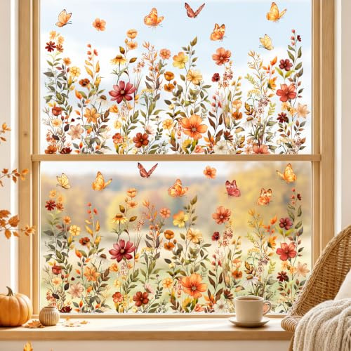 Tanlaby 2 Pezzi Vetrofanie Autunnali Decorazioni Fiori di Campo Farfalle | Adesivi per Finestre Autunno Boho Floreali Ringraziamento Autoadesivo per Vetri Porte Finestre Anticollisione