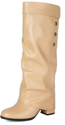 TNMIUH Stivali Ginocchio 7cm Tacco Largo Risvolto Bottoni Stivali | Eleganti stivali al ginocchio con gambale a risvolto effetto pantalone, tacco largo da 7 cm e bottoni laterali.