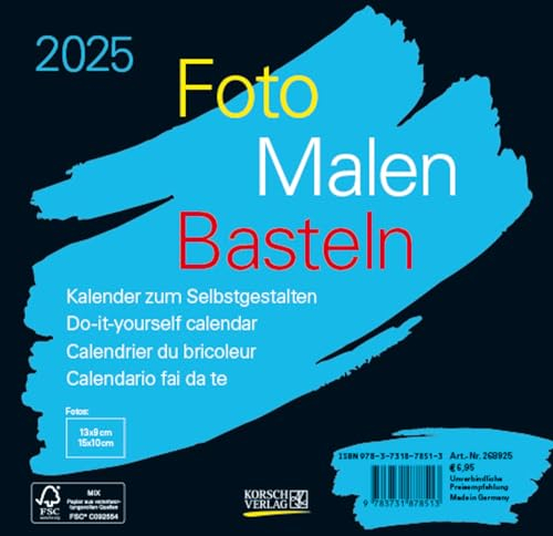 Foto-Malen-Basteln Bastelkalender schwarz quer 2025: Fotokalender zum Selbstgestalten. Do-it-yourself Kalender mit festem Fotokarton. Format: 16 x 15,5 cm